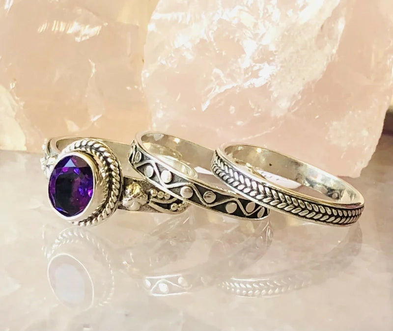 Set Of Three Lusaka Amethyst Stacking Ring in Sterling Silver SIZE R