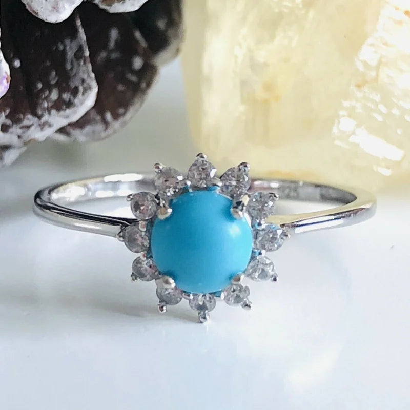 Arizona Sleeping Beauty Turquoise and Zircon Halo Ring SIZES M , R , S