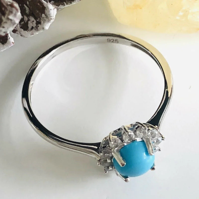 Arizona Sleeping Beauty Turquoise and Zircon Halo Ring SIZES M , R , S