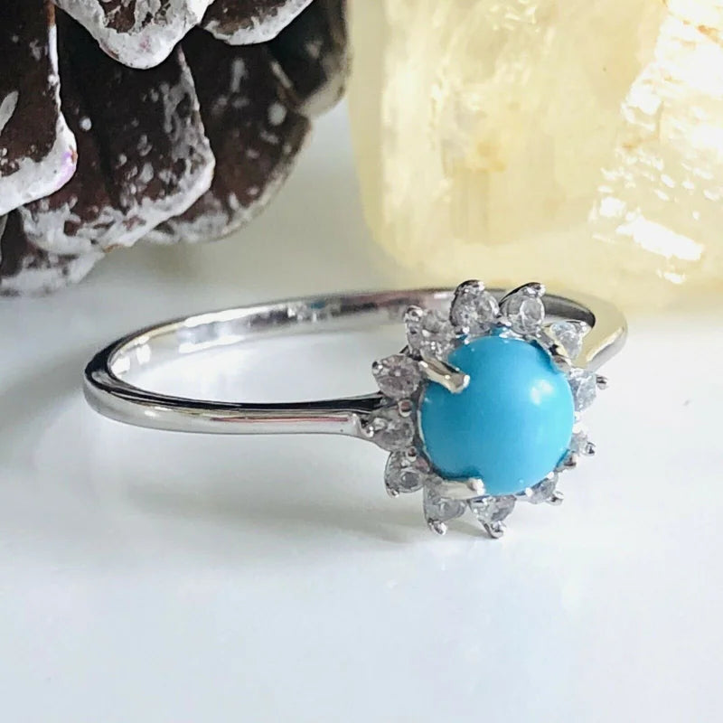 Arizona Sleeping Beauty Turquoise and Zircon Halo Ring SIZES M , R , S