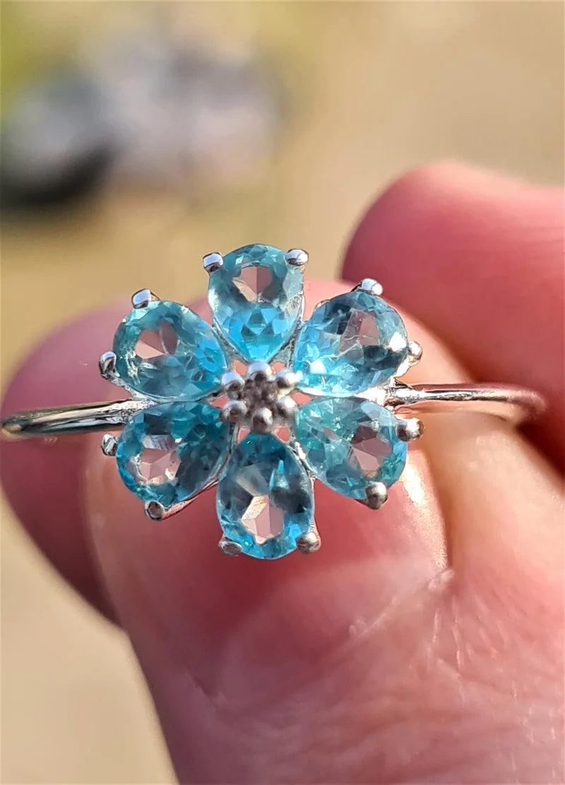 Blue Apatite and Natural Cambodian Zircon Flower Ring SIZE N