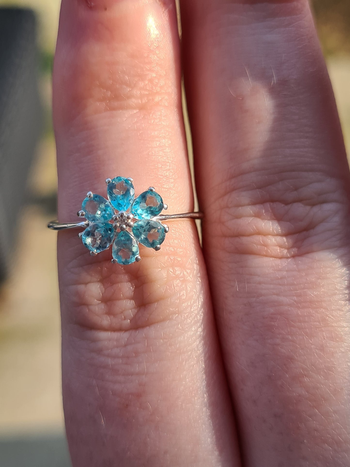 Blue Apatite and Natural Cambodian Zircon Flower Ring SIZE N