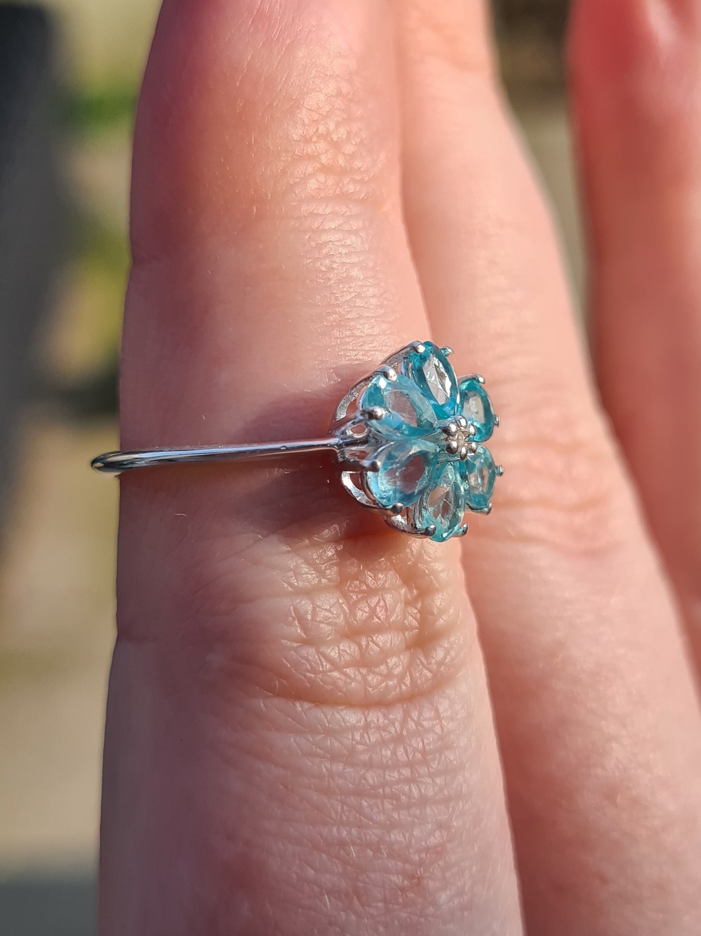 Blue Apatite and Natural Cambodian Zircon Flower Ring SIZE N