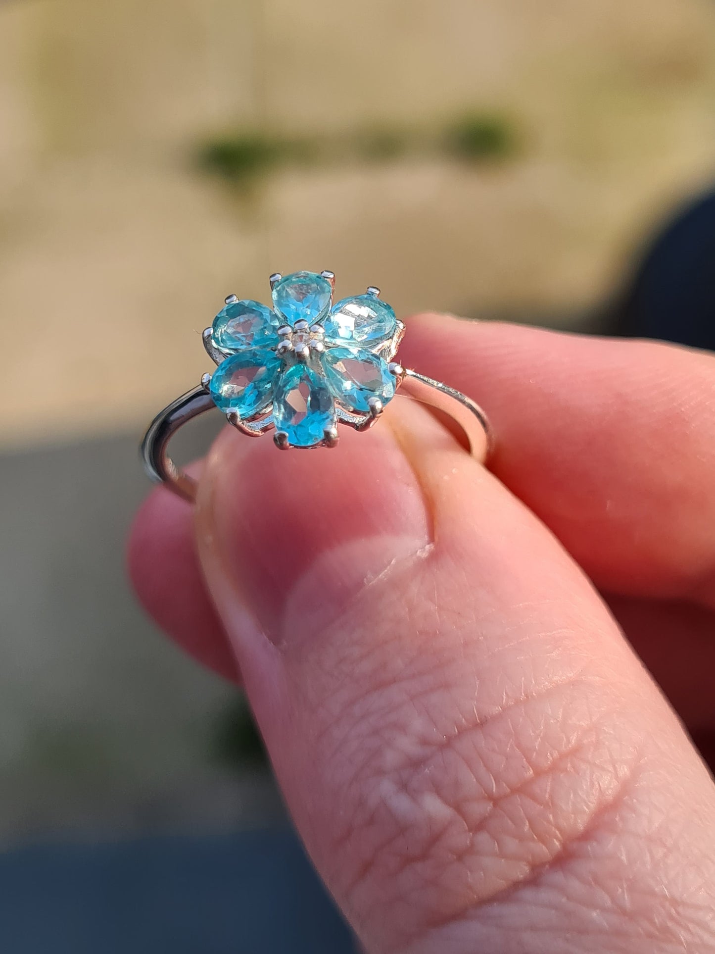Blue Apatite and Natural Cambodian Zircon Flower Ring SIZE N