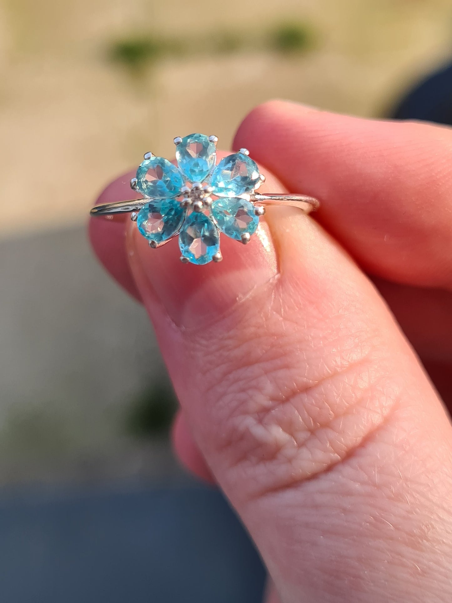 Blue Apatite and Natural Cambodian Zircon Flower Ring SIZE N