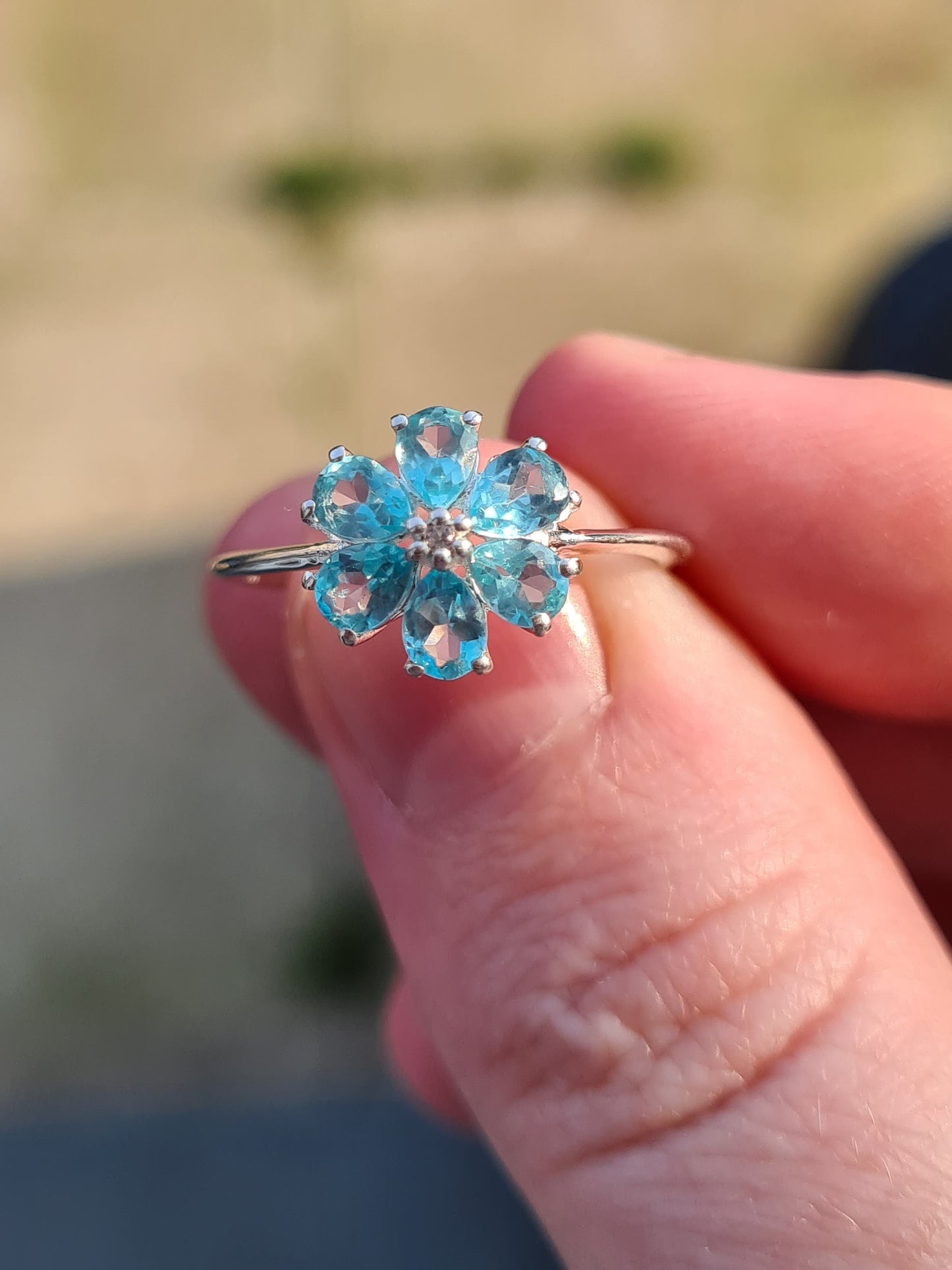 Blue Apatite and Natural Cambodian Zircon Flower Ring SIZE N