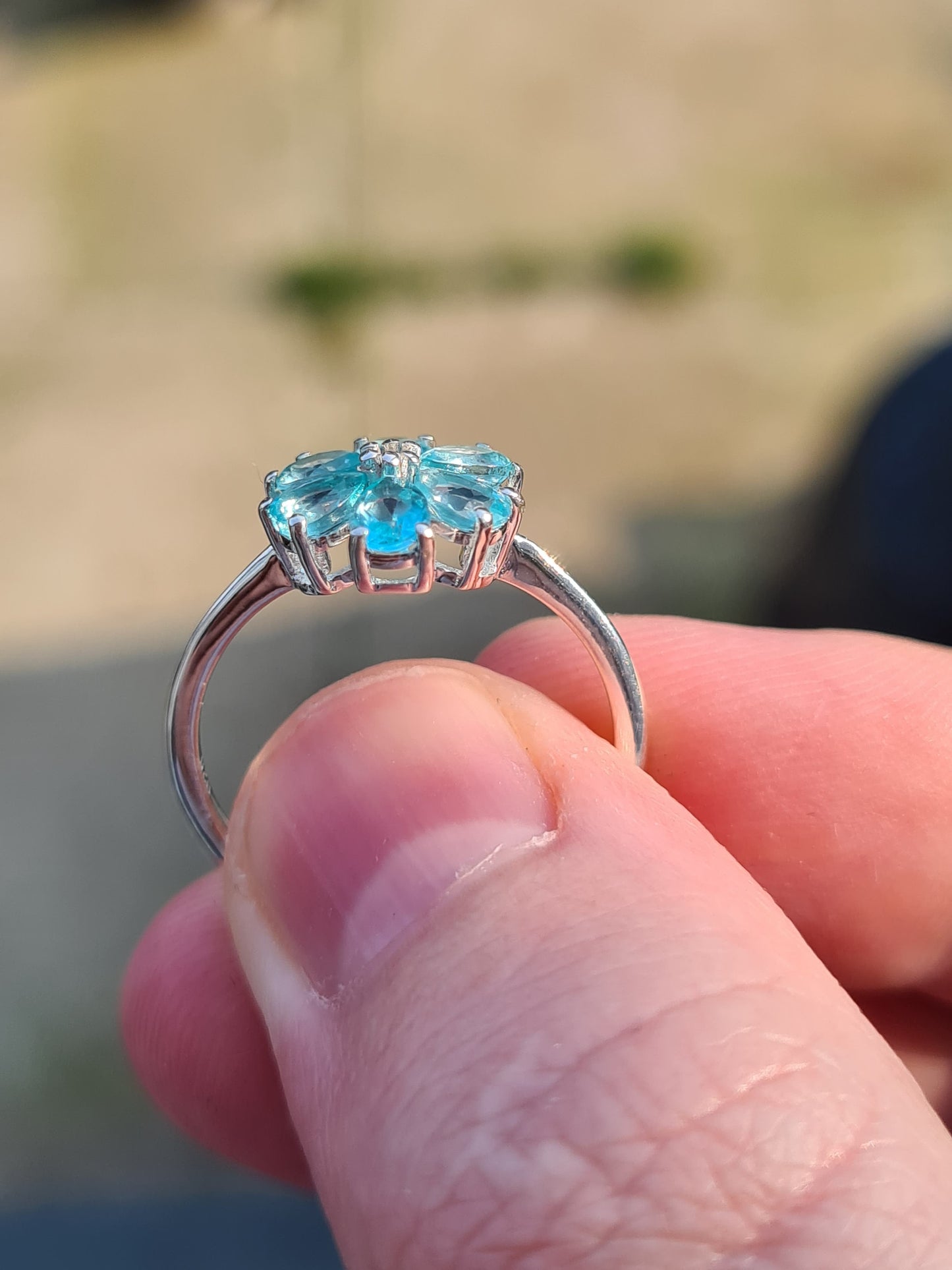 Blue Apatite and Natural Cambodian Zircon Flower Ring SIZE N