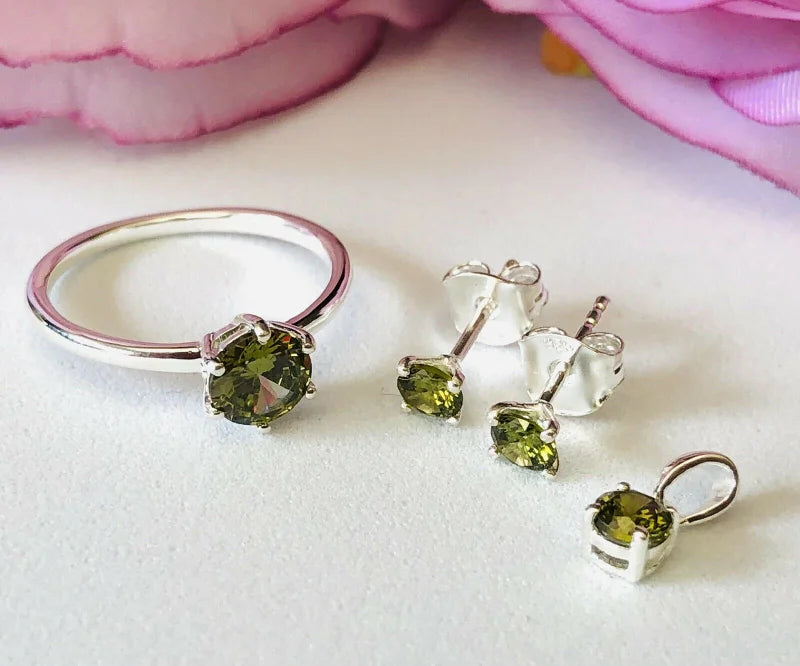 3 Piece Set - Simulated Peridot Solitaire Ring, Pendant and Stud Earrings in Sterling Silver SIZES O, Q