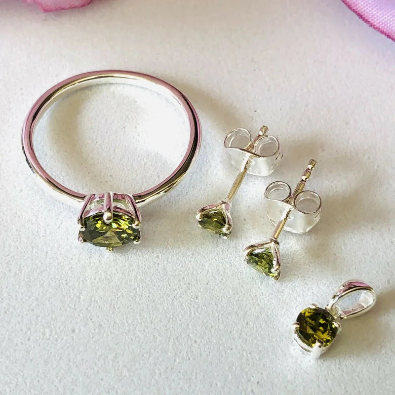 3 Piece Set - Simulated Peridot Solitaire Ring, Pendant and Stud Earrings in Sterling Silver SIZES O, Q