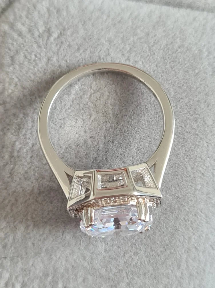 Simulated Large Octagon Cut Diamond Ring Sterling Silver SIZE L