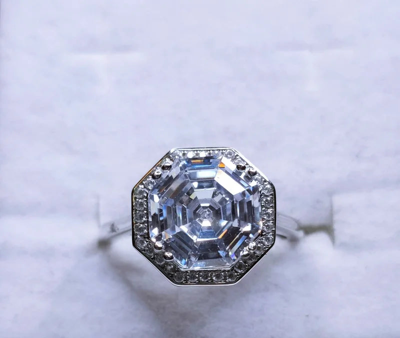 Simulated Large Octagon Cut Diamond Ring Sterling Silver SIZE L