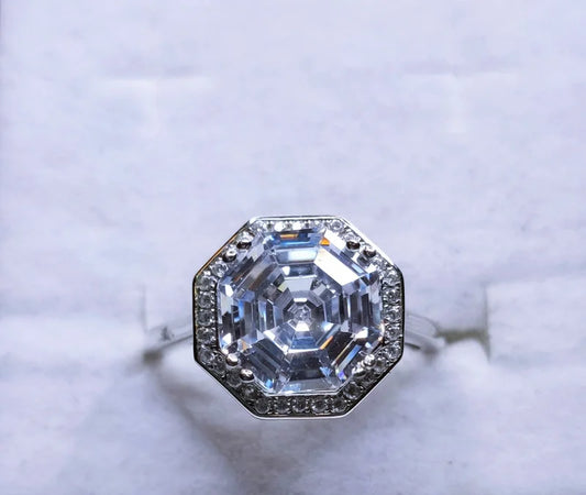Simulated Large Octagon Cut Diamond Ring Sterling Silver SIZE L