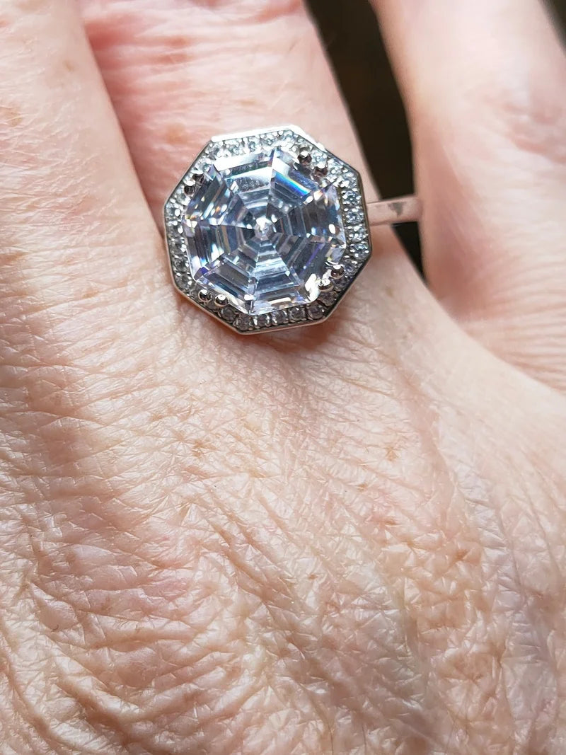 Simulated Large Octagon Cut Diamond Ring Sterling Silver SIZE L