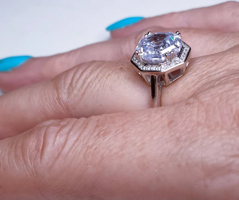 Simulated Large Octagon Cut Diamond Ring Sterling Silver SIZE L