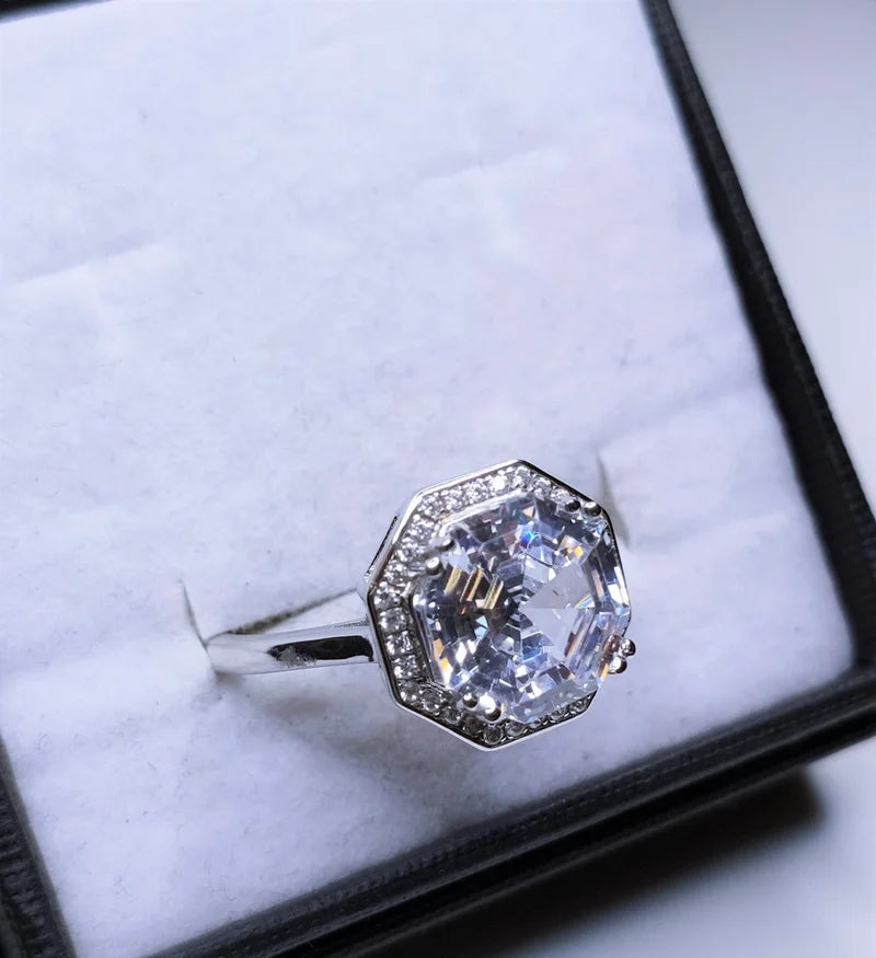 Simulated Large Octagon Cut Diamond Ring Sterling Silver SIZE L