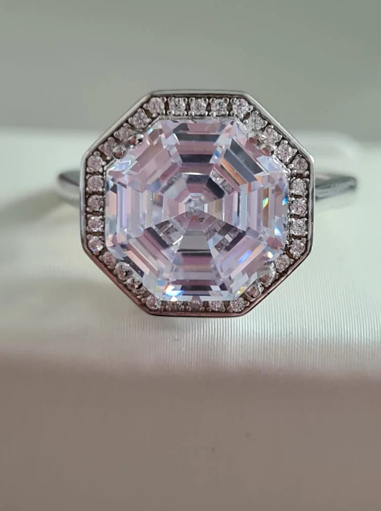 Simulated Large Octagon Cut Diamond Ring Sterling Silver SIZE L