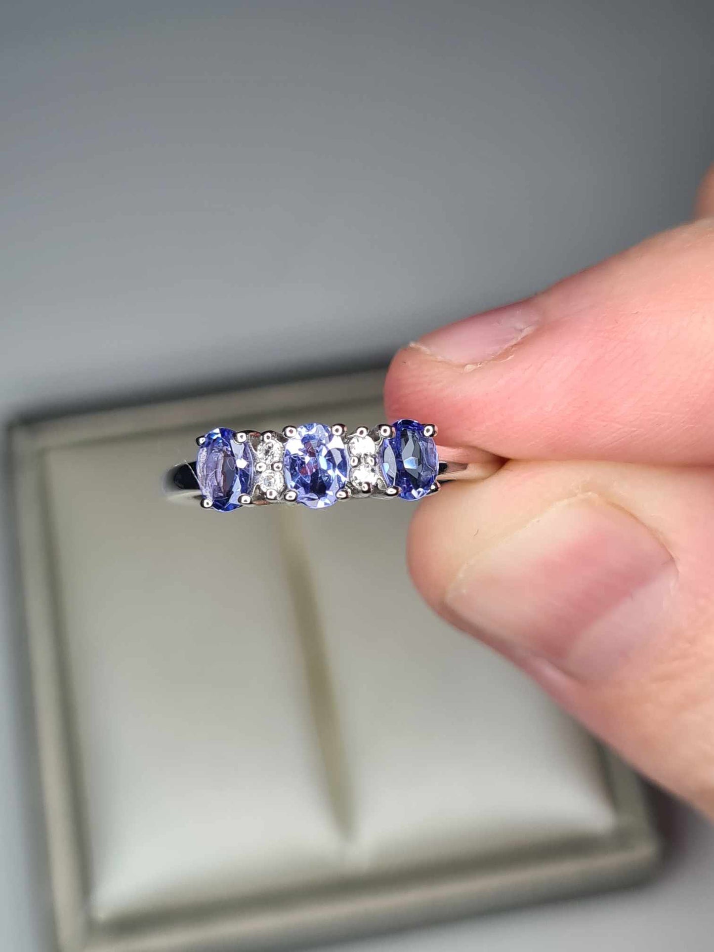 1.800ct Tanzanite Trilogy  ring with Natural White Zircon in Platinum Overlay 925 sterling Silver SIZE K