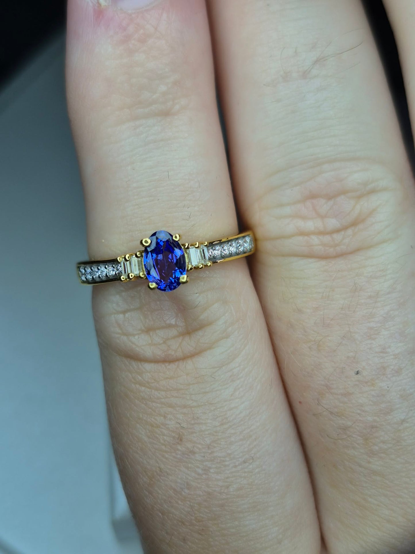 Natural Tanzanite & Moissanite Ring in 18k gold overlay 925 Sterling Silver SIZE M