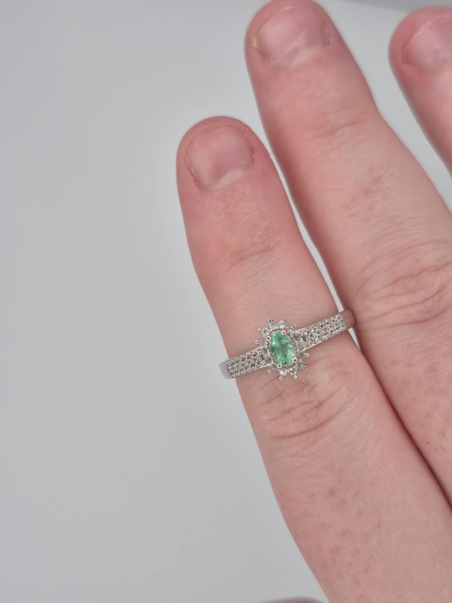 Colombian Emerald & White Zircon Halo Ring in Rhodium Overlay 925 Sterling Silver SIZE N