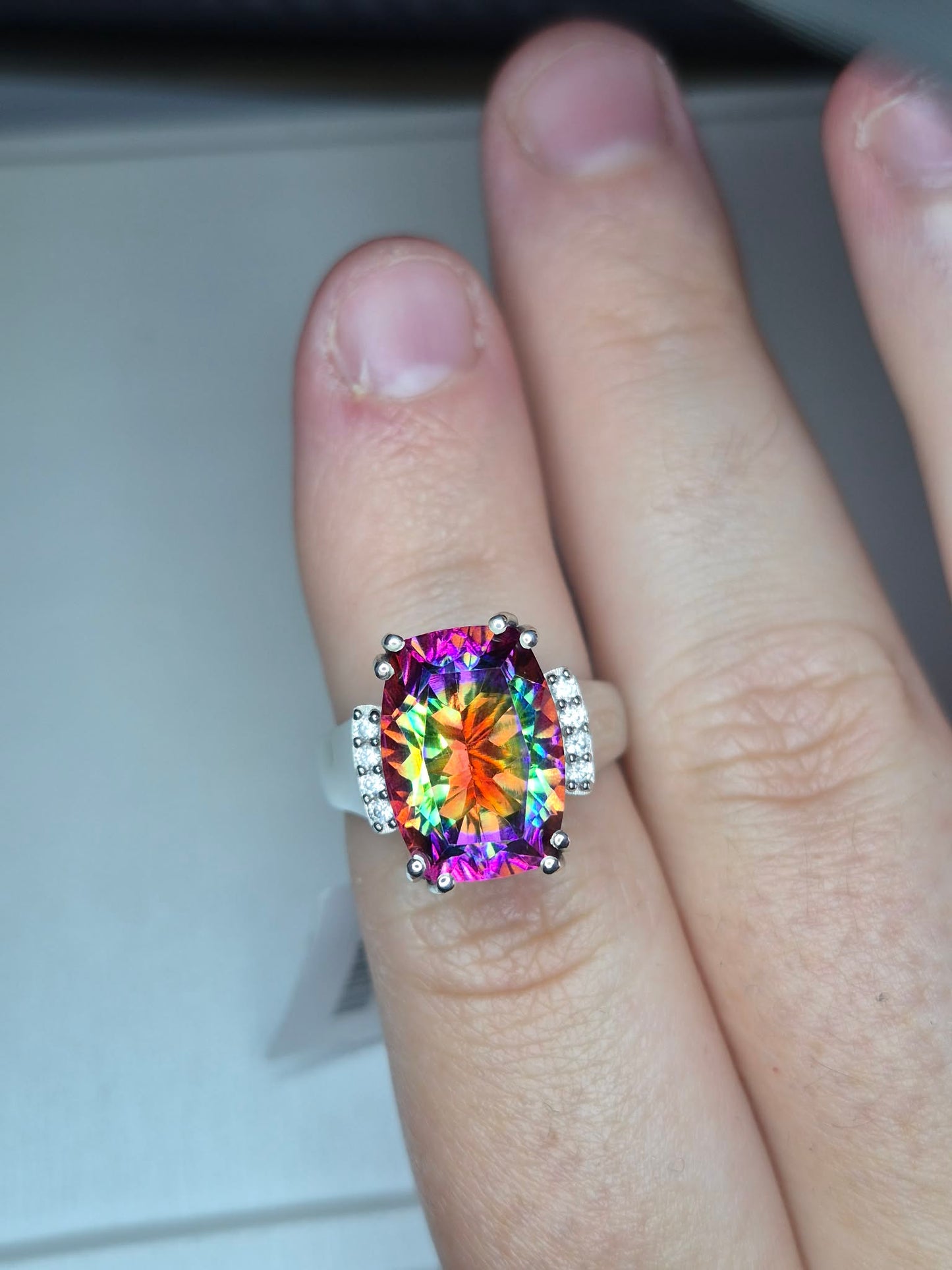 8ct Nebula Quartz Doublet & White Zircon Ring in Rhodium Overlay Sterling Silver SIZE L