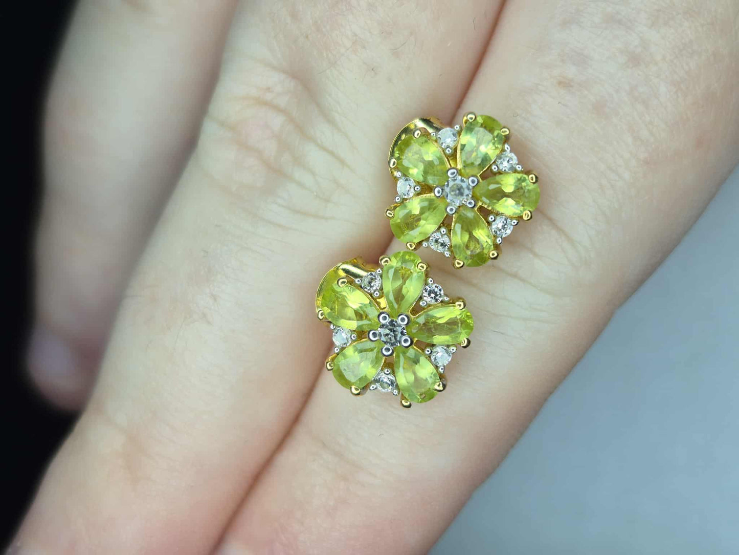 Natural Hebei Peridot & White Zircon Flower Stud Earrings in Gold Overlay 925 Sterling Silver