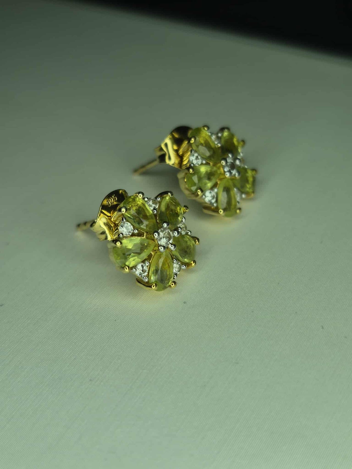 Natural Hebei Peridot & White Zircon Flower Stud Earrings in Gold Overlay 925 Sterling Silver
