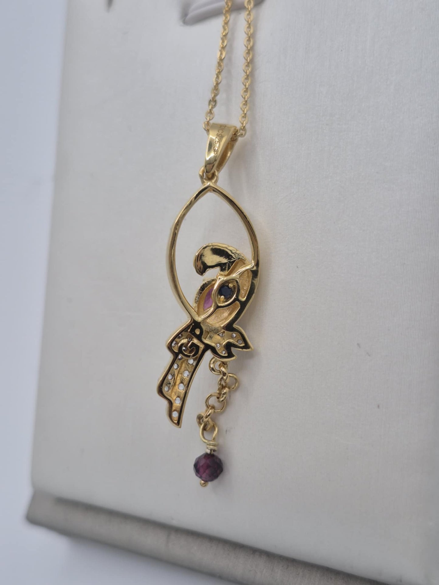 0.910ct. Rhodolite Garnet, White Zircon, Blue Sapphire Bird Necklace in 18K Gold Overlay 925 Sterling Silver