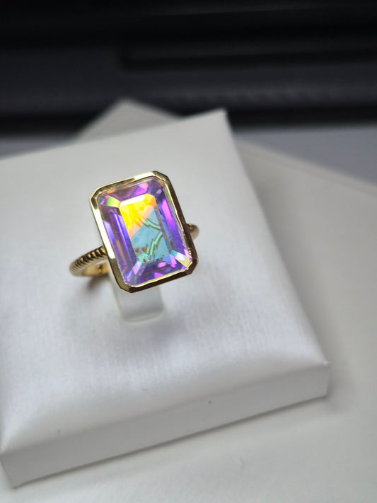 8.52ct Mercury Mystic Topaz Solitaire Ring in 18K Gold Plated 925 Sterling Silver SIZE L