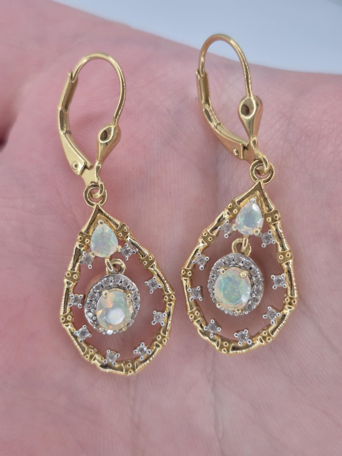 1.09ct Ethiopian Opal, White Zircon Dangle Earrings in 18K Gold Overlay 925 Sterling Silver