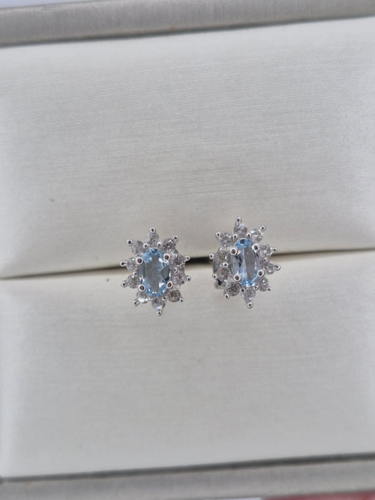 0.614ct. Santamaria Aquamarine & Natural Zircon Stud Earrings in Rhodium Overlay 925 Sterling Silver