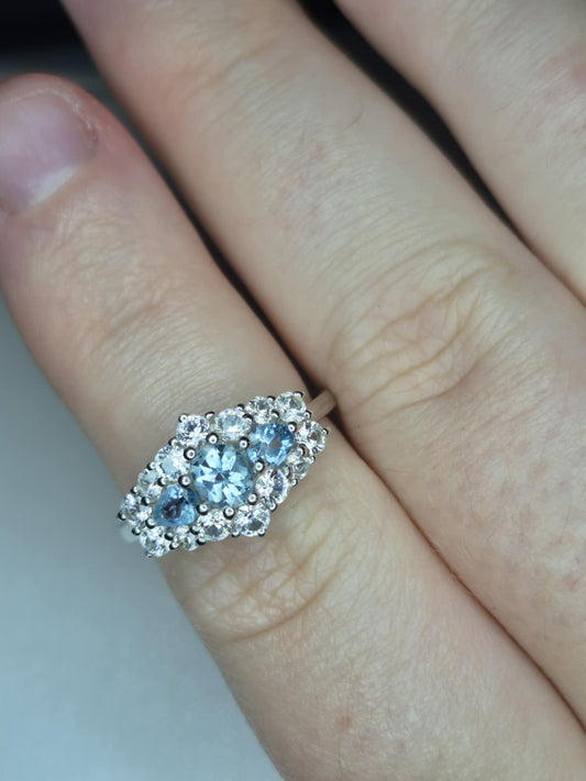 Santamaria Aquamarine & Zircon Boat Ring in Rhodium Overlay 925 Sterling Silver SIZE M