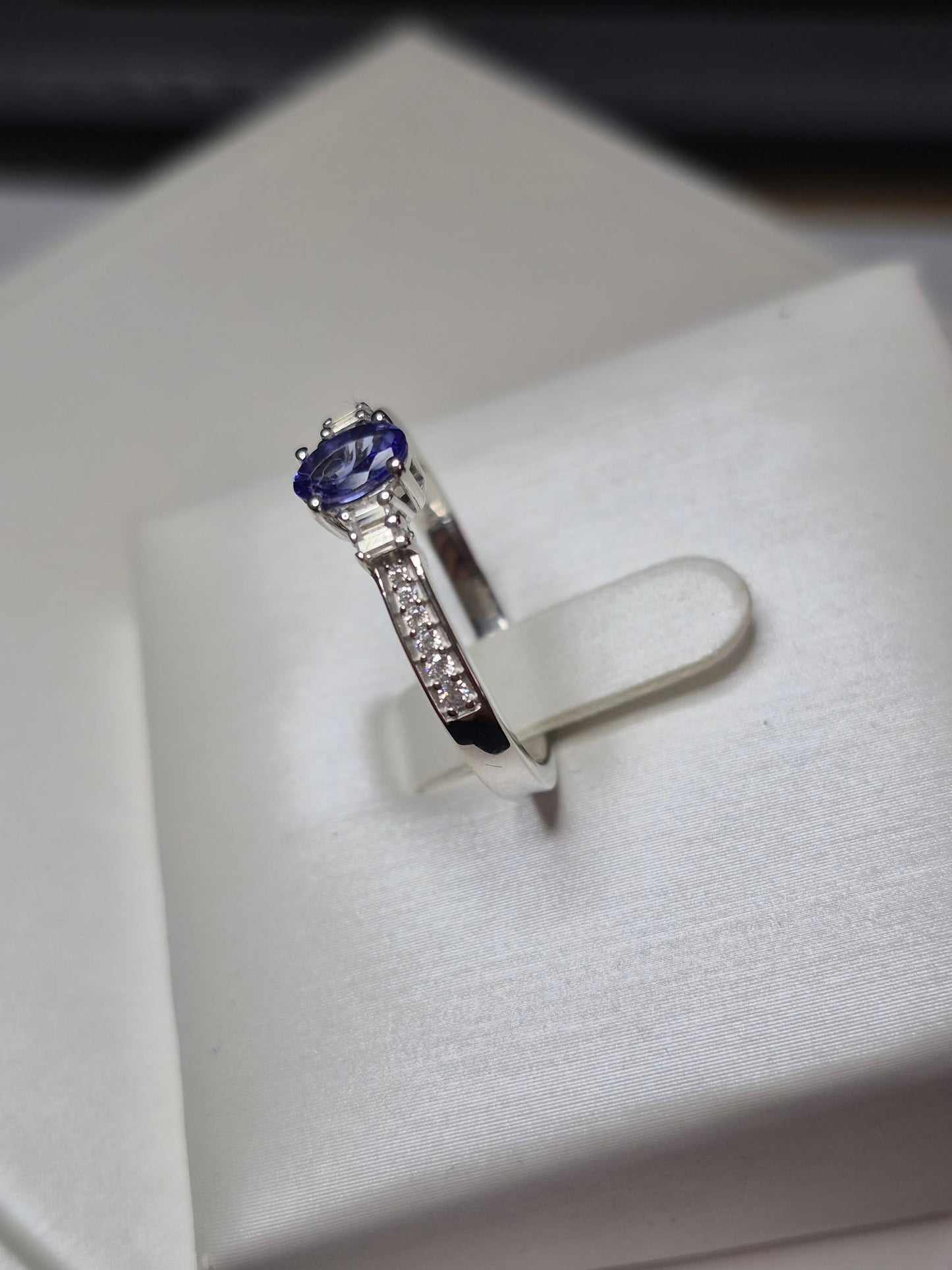 Natural Tanzanite & Moissanite Ring in Platinum Overlay 925 Sterling Silver SIZE P