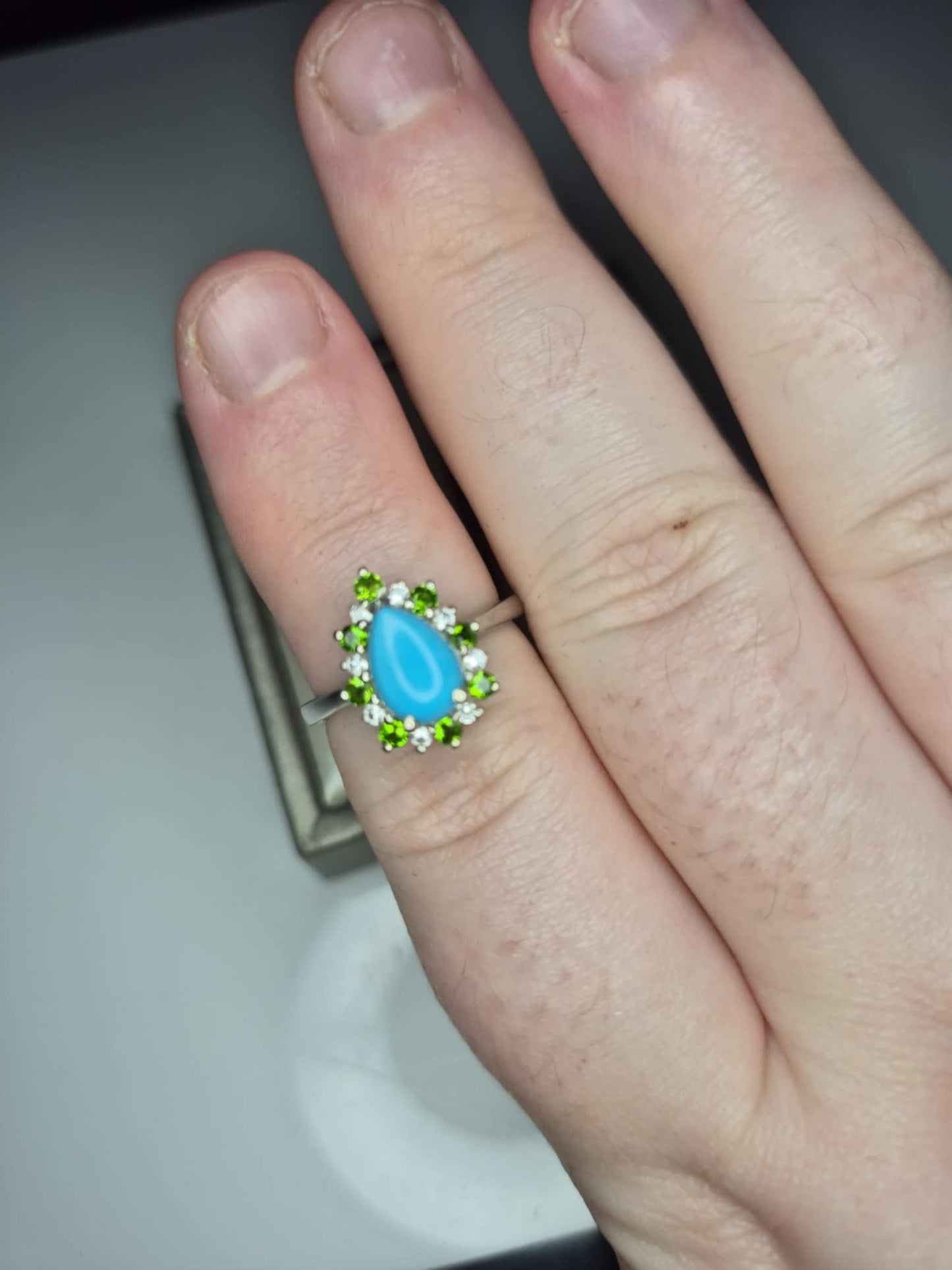 1.75ct Sleeping Beauty Turquoise, Russian Diopside, White Zircon Halo Ring in 925 Sterling Silver SIZE L