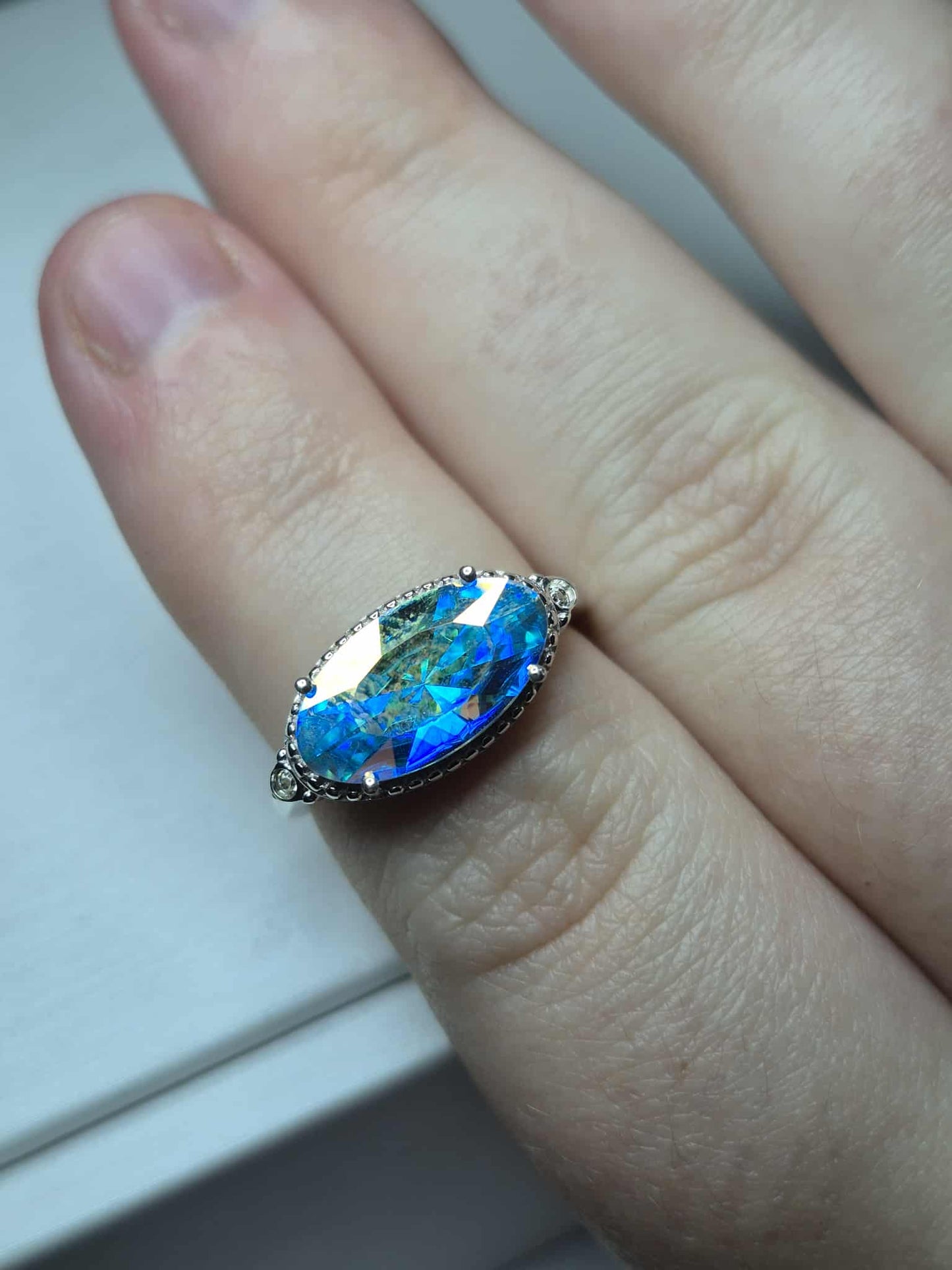 2.66ct Aurora borealis Swarovski Crystal Ring 925 Sterling Silver SIZE M