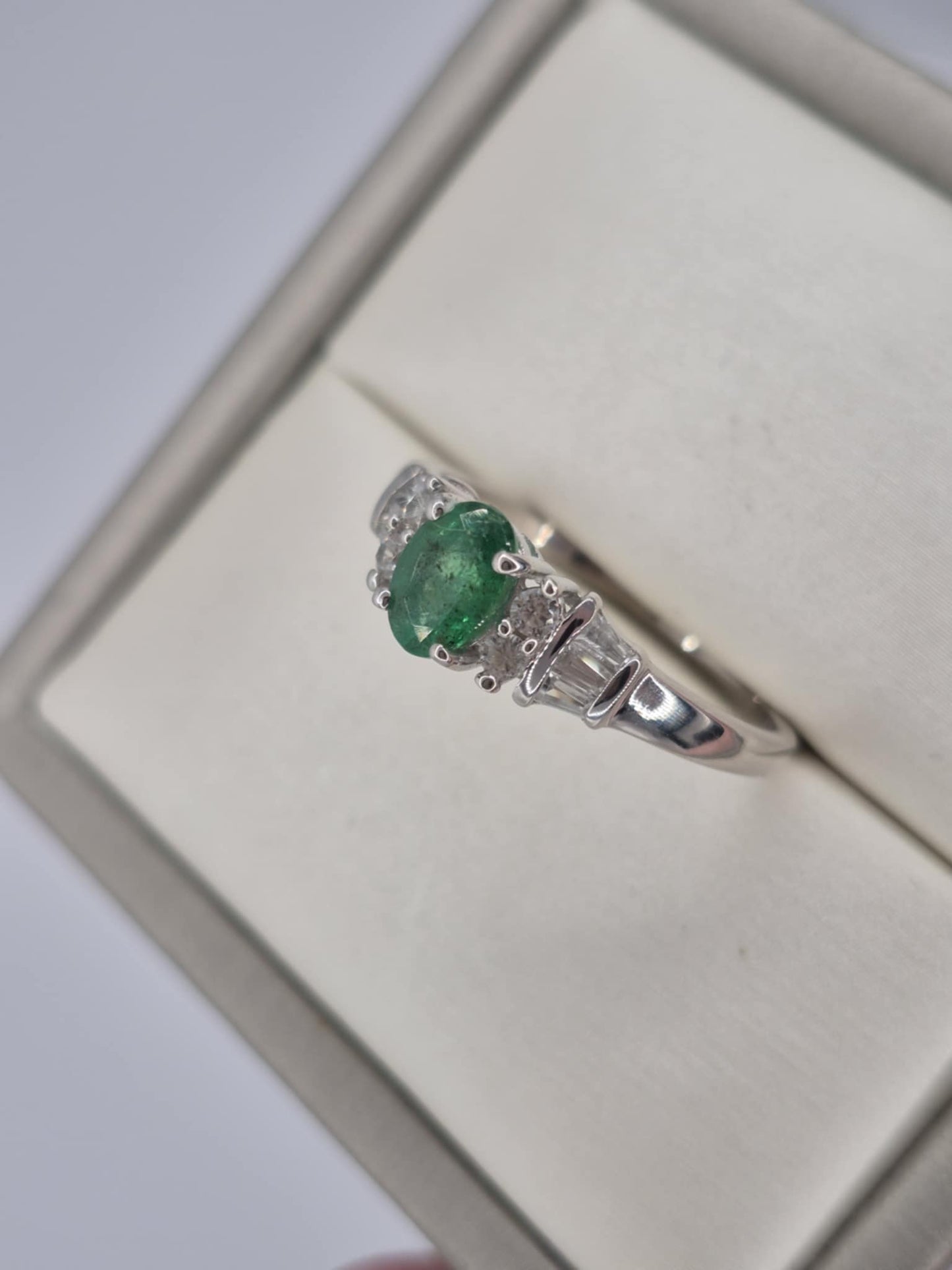 1.361ct AAEmerald & White Zircon Ring in Platinum Overlay 925 Sterling Silver SIZE T