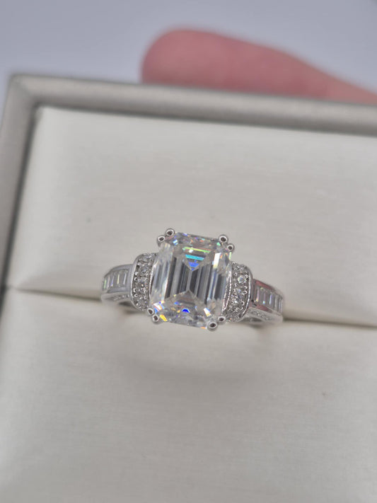 3.30 ct Moissanite Emerald Cut Pave Set Ring in Rhodium Overlay 925 Sterling Silver SIZE L