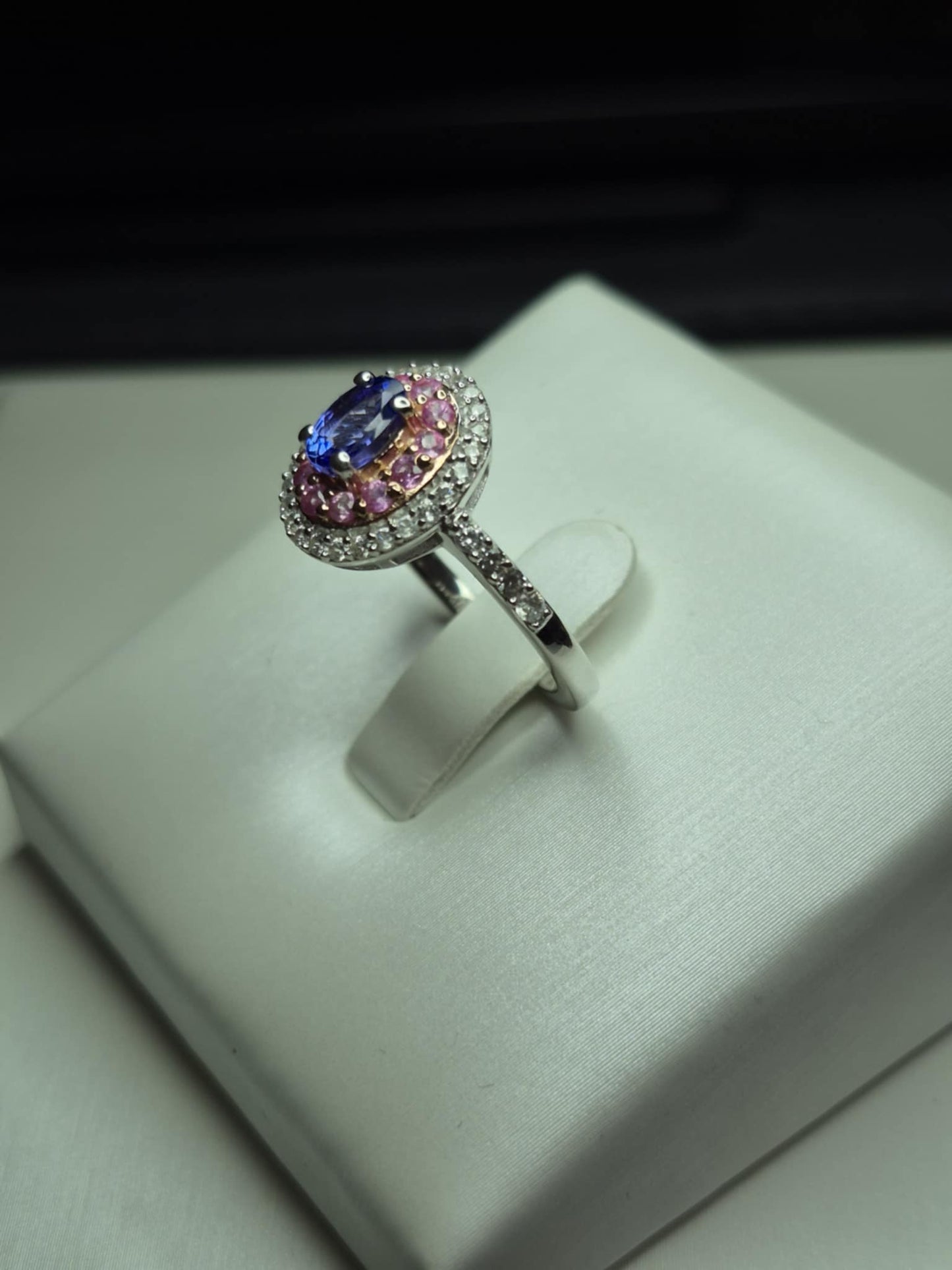 Tanzanite & Pink Sapphire Halo Ring in 925 Sterling Silver SIZE L