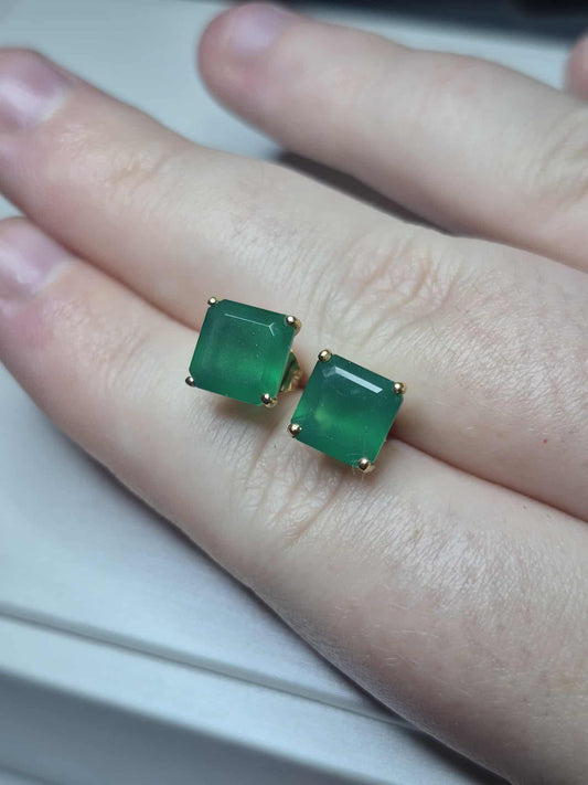 4.43ct Green Onyx Solitaire Stud Earrings in 14K Yellow Gold Overlay 925 Sterling Silver