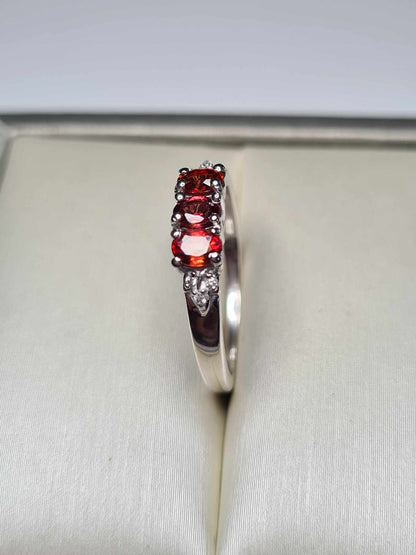 0.753ct Red Sapphire & White Zircon Trilogy Ring in Rhodium Overlay 925 Sterling Silver SIZE L