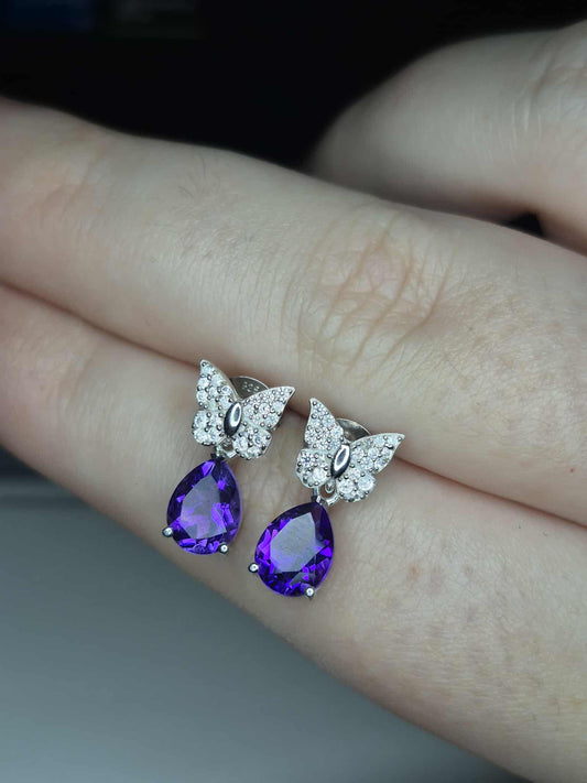 Natural Moroccan Amethyst White Zircon Butterfly Earrings 925 Sterling Silver