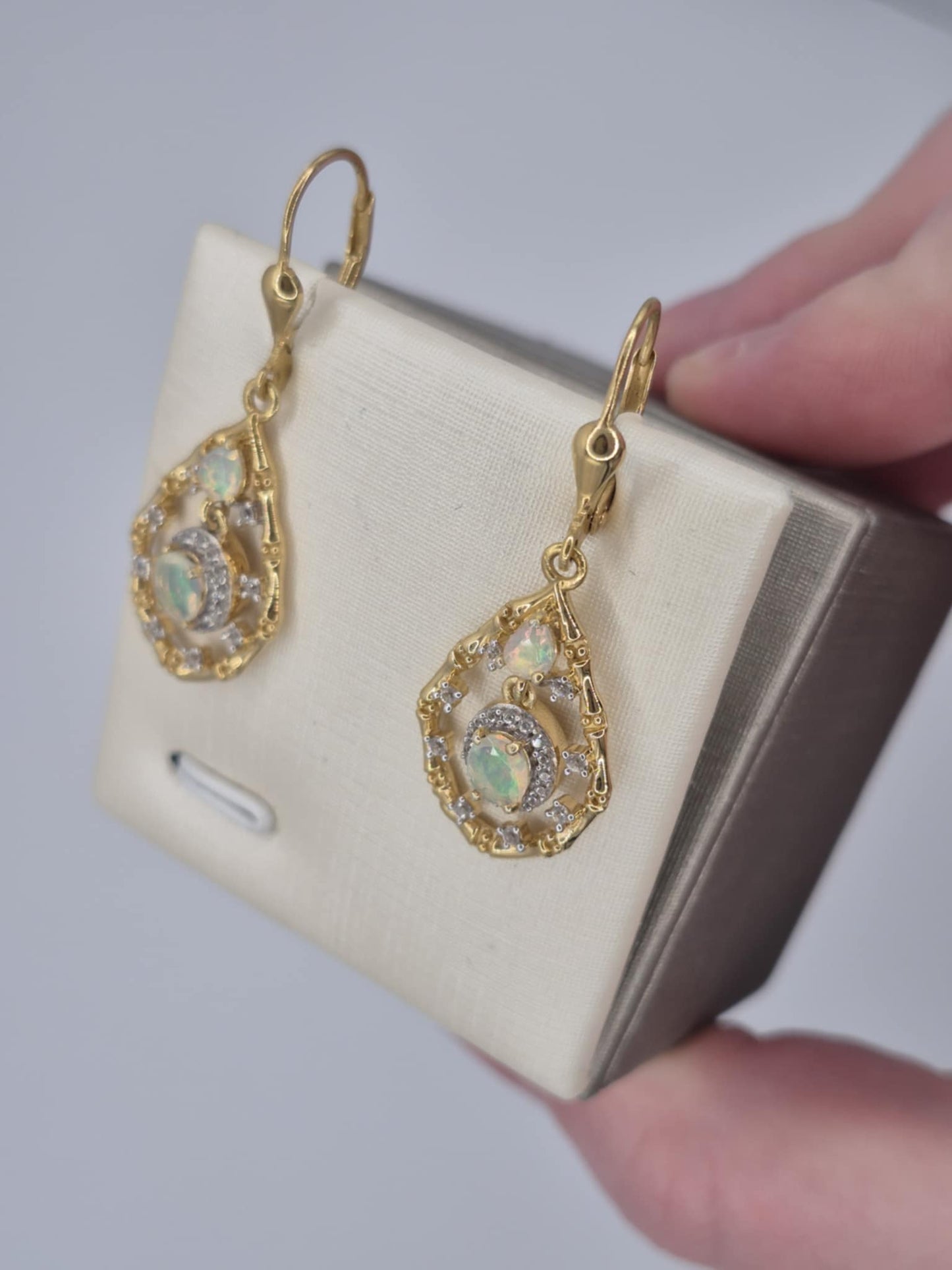 1.09ct Ethiopian Opal, White Zircon Dangle Earrings in 18K Gold Overlay 925 Sterling Silver