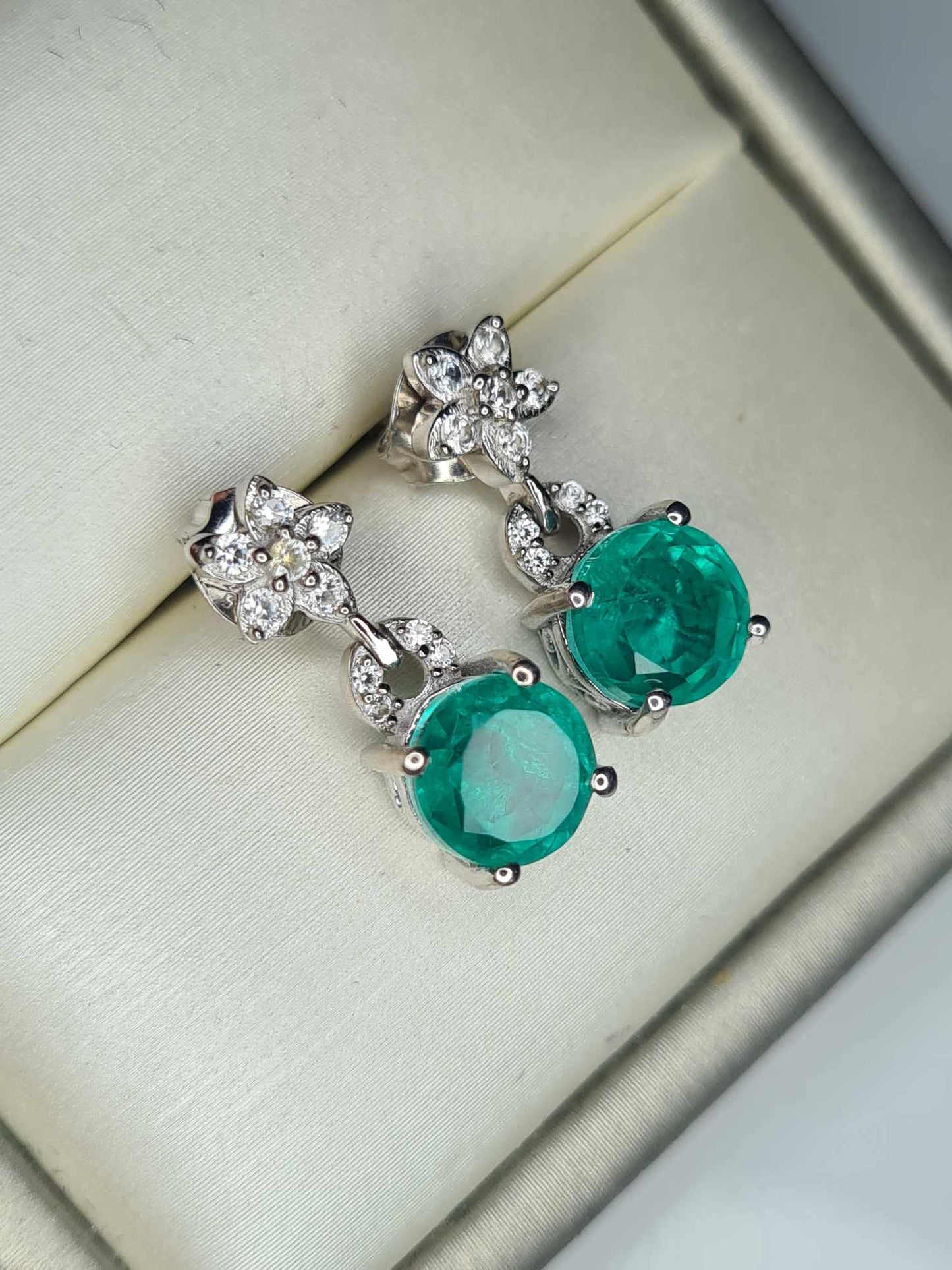 4ct Emeraldine Triplet Quartz & Zircon Dangling Earrings 925 Sterling Silver