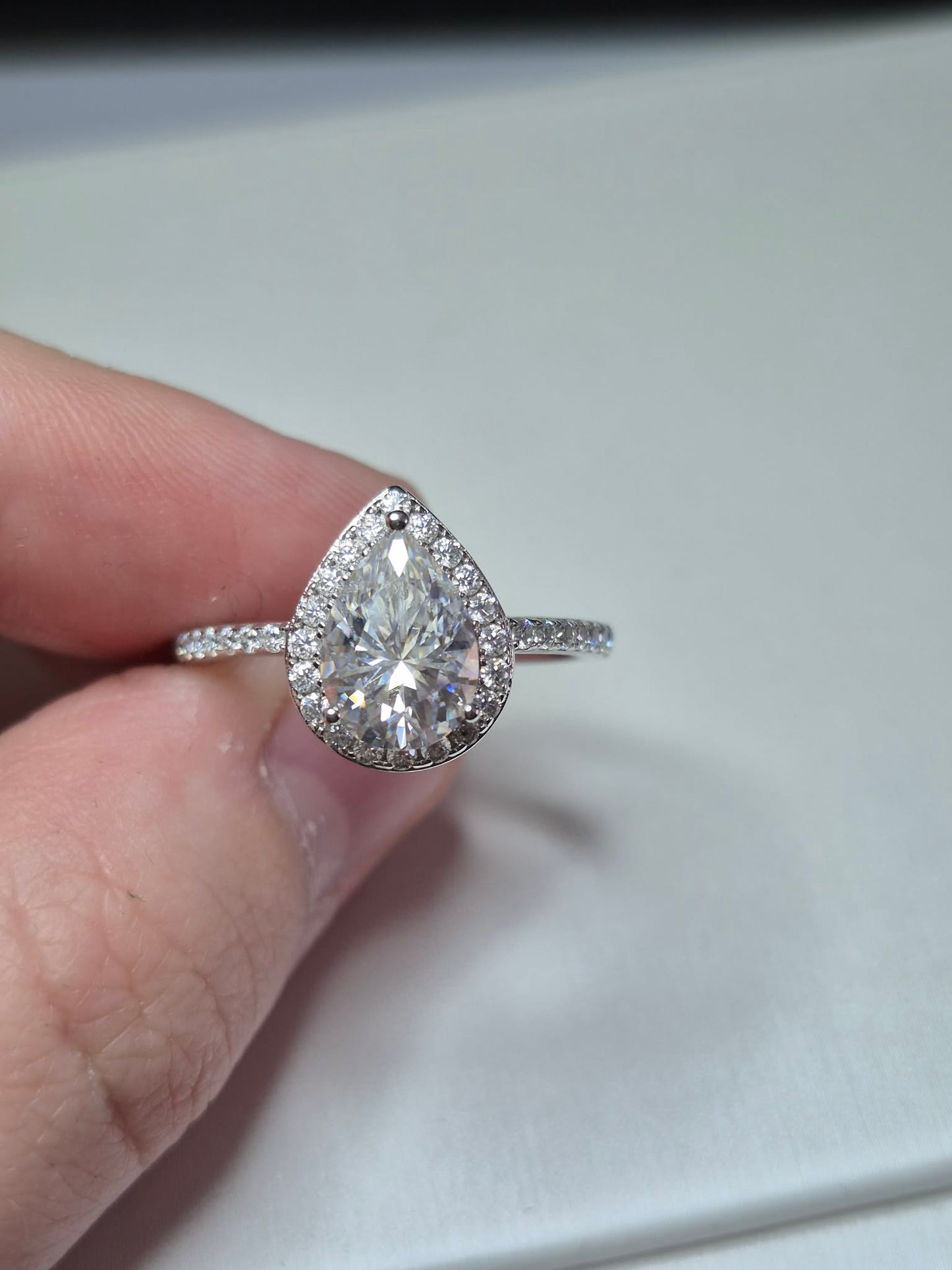D-VVS1 Moissanite Pear Halo Ring in Rhodium Overlay Sterling Silver SIZE Q