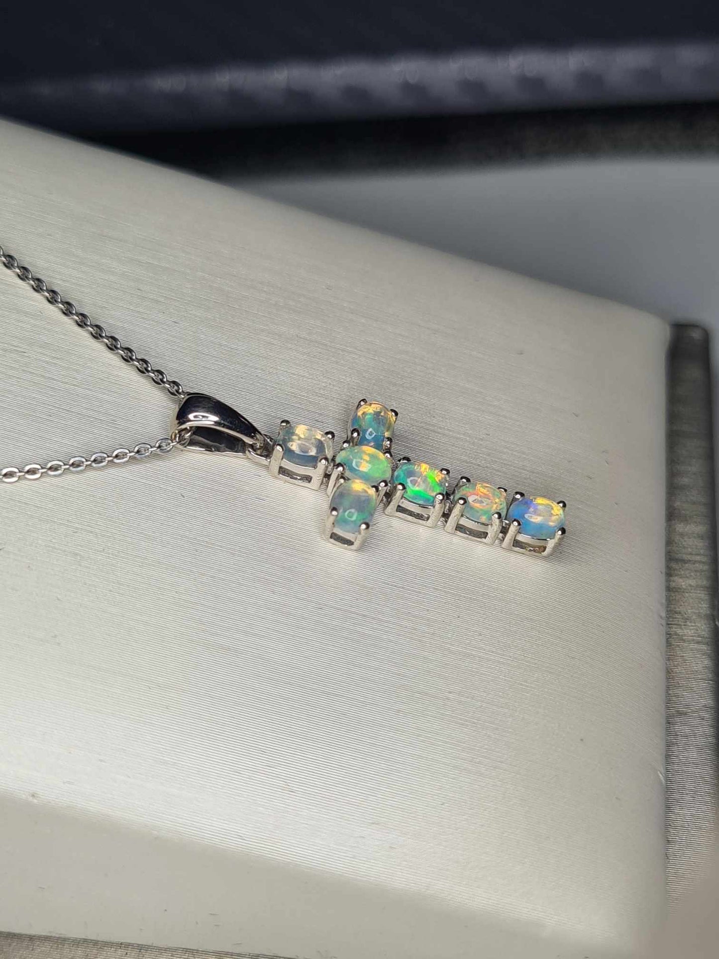 0.760ct. Ethiopian Opal Cross Necklace 925 Sterling Silver with platinum overlay