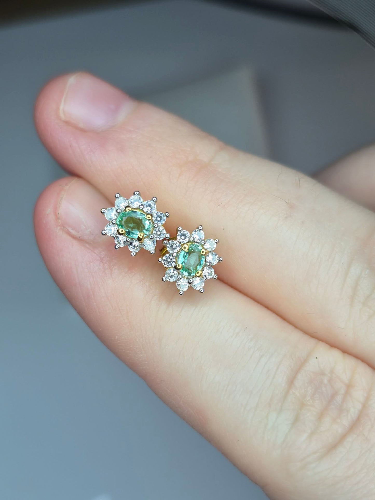 Colombian Emerald & White Zircon Stud Earrings 18k Gold Overlay 925 Sterling Silver