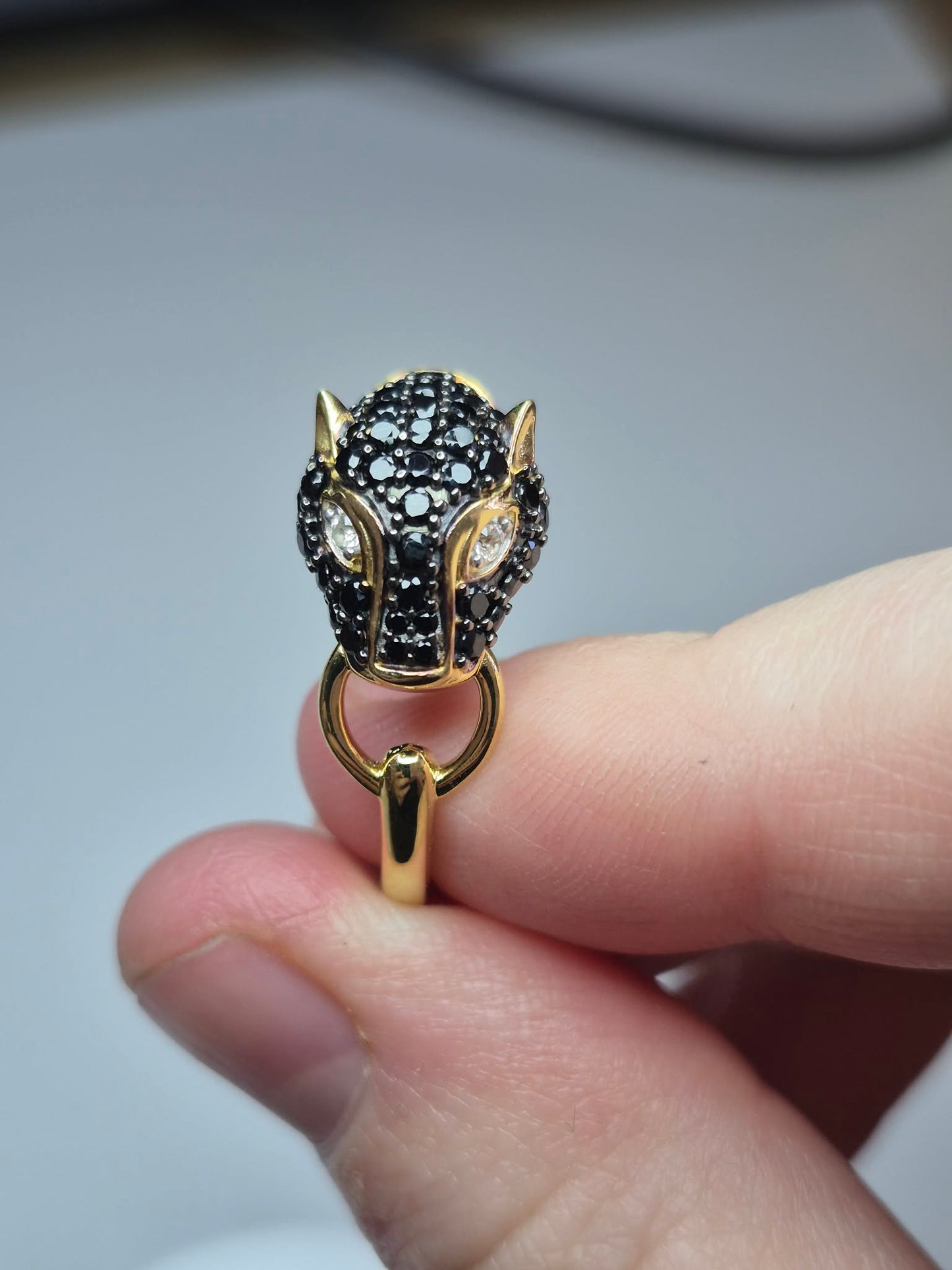 1.16ct Black Spinel &amp; White Zircon Panther Ring in 18K 925 Sterling Silver SZIES R, S