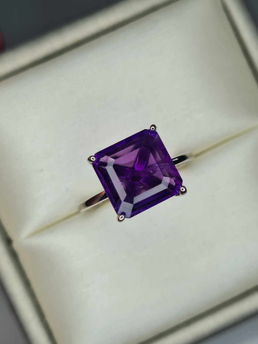 4.83 Ct AAA Asscher Cut Amethyst Solitaire Ring 925 Sterling Silver SIZE M
