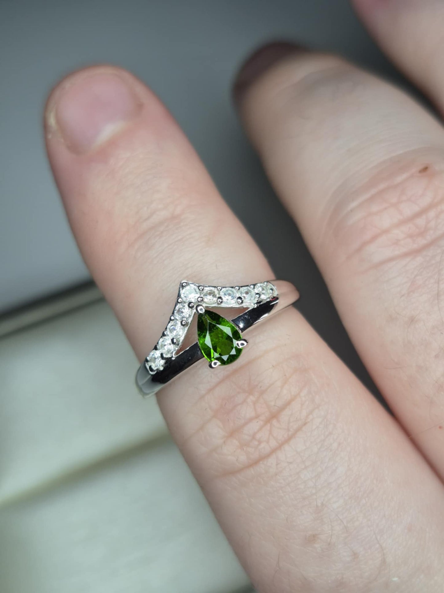 Natural Russian Diopside, Natural White Zircon Crown Ring in Rhodium Overlay 925 Sterling Silver SIZE N