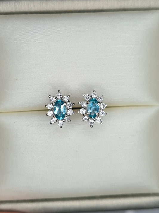 0.90ct Blue Lagoon Apatite and Natural Zircon Halo Earrings in Rhodium Overlay 925 Sterling Silver