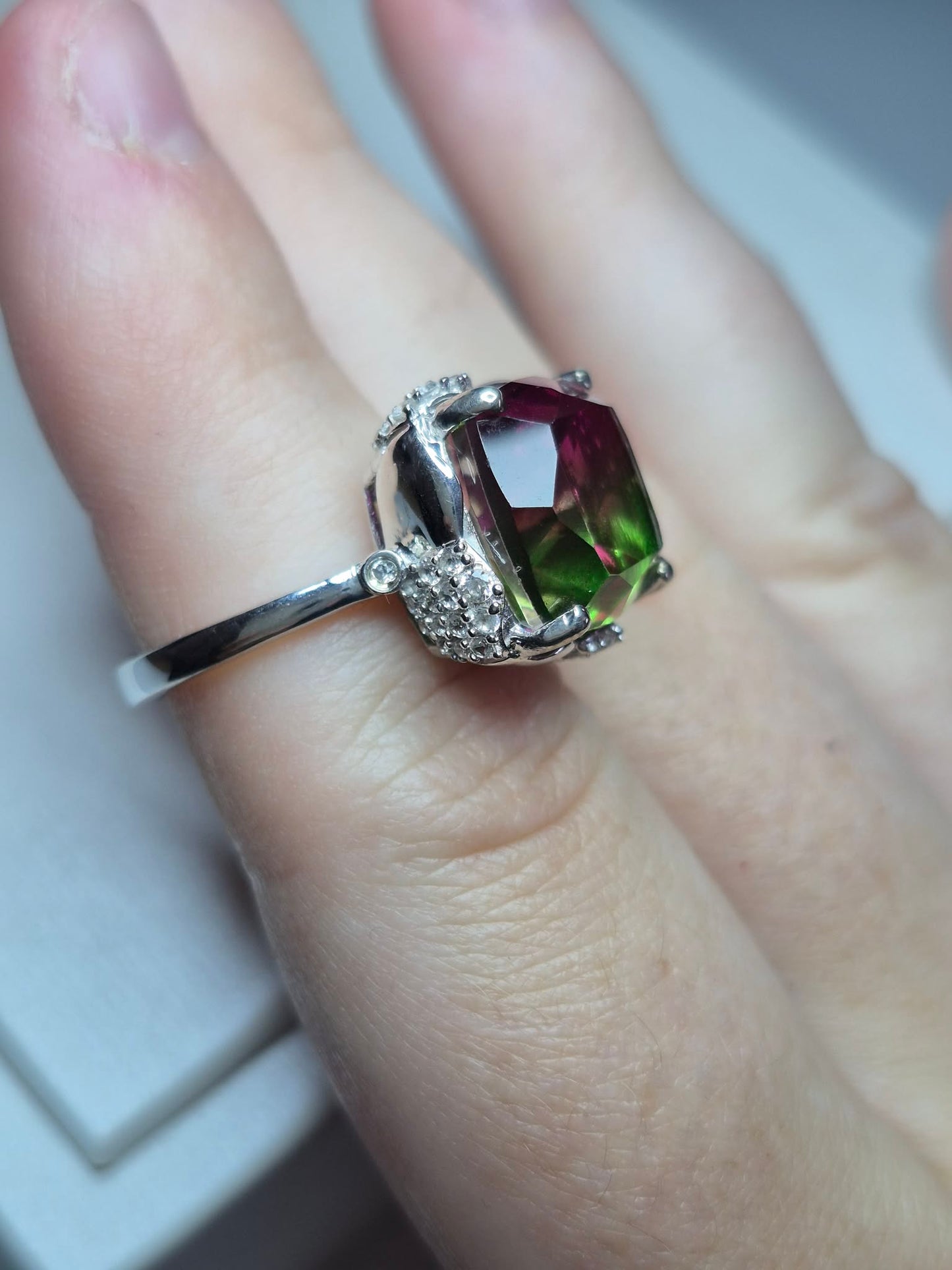 9ct Watermelon Quartz &amp; White Zircon Solitaire Ring in 925 Sterling Silver